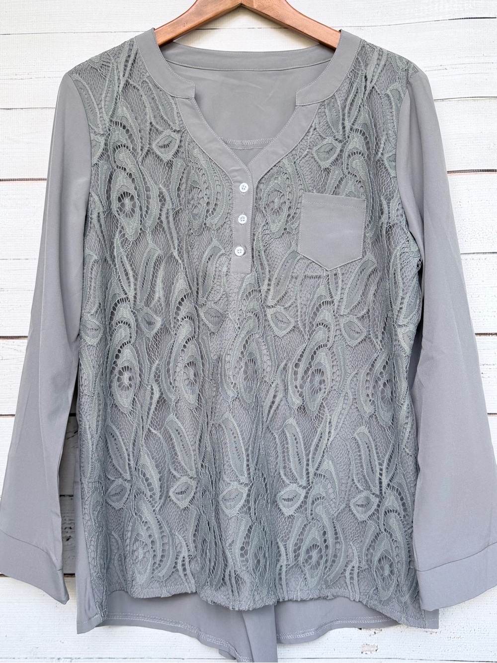 Sheer Floral Lace Overlay Split V-Neck Henley Blouse - Large